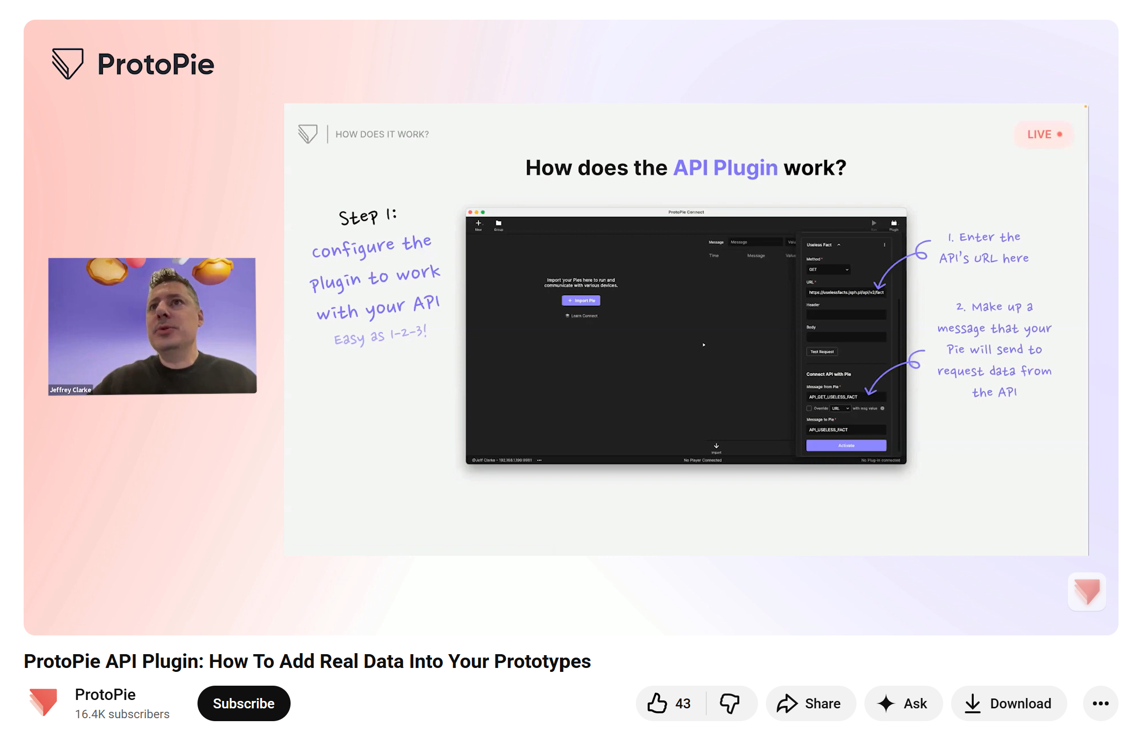 This video goes a step further, introducing the use of ProtoPie's API plugins, the Send/Receive mechanism, and how to dynamically replace URLs/parameters. It is directly related to my topic Unknown: API connection stability and data parsing in ProtoPie.Link: https://youtu.be/V2Ux0bYTmhs?si=0OEvHEB9BENbiIpf